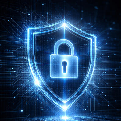 A glowing blue digital shield with a central padlock icon, representing cybersecurity and AI data anchoring protocols.